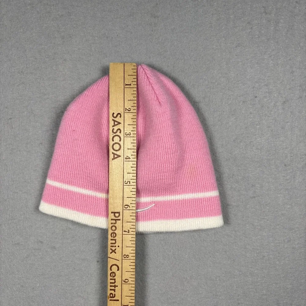 Vintage Nike Girls Beanie Pink White Striped Swoosh Knit Winter Hat Youth OS Y2K